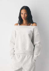 Cozy Sweatfleece BF Off-Shoulder Sweatshirt - HEATHER CLOUD WHITE