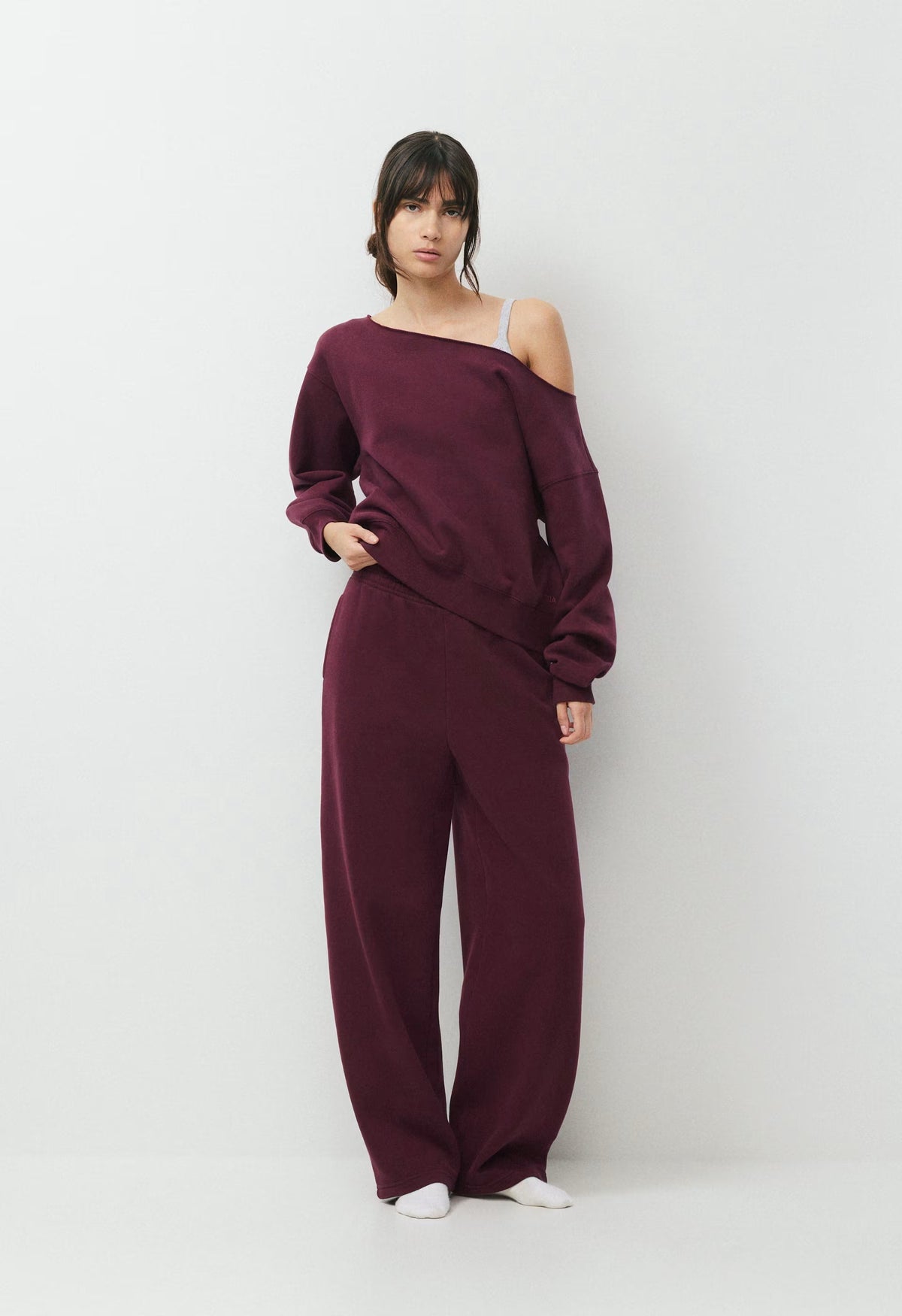 Cozy Sweatfleece BF Off-Shoulder Sweatshirt - GALA PLUM