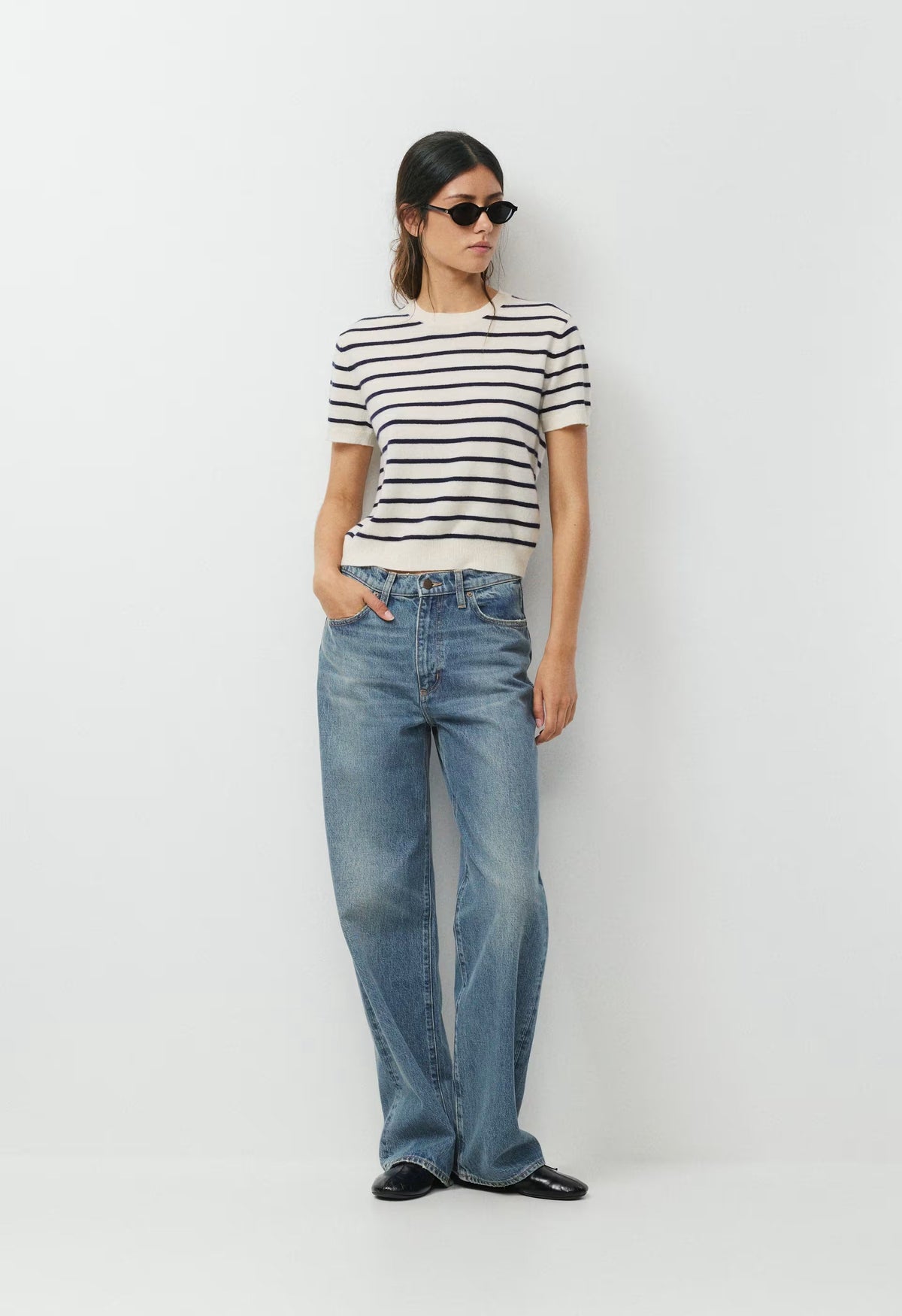 Bare Cashmere Bloor Shortsleeve Sweater - LGHT BRCH/ADML NVY