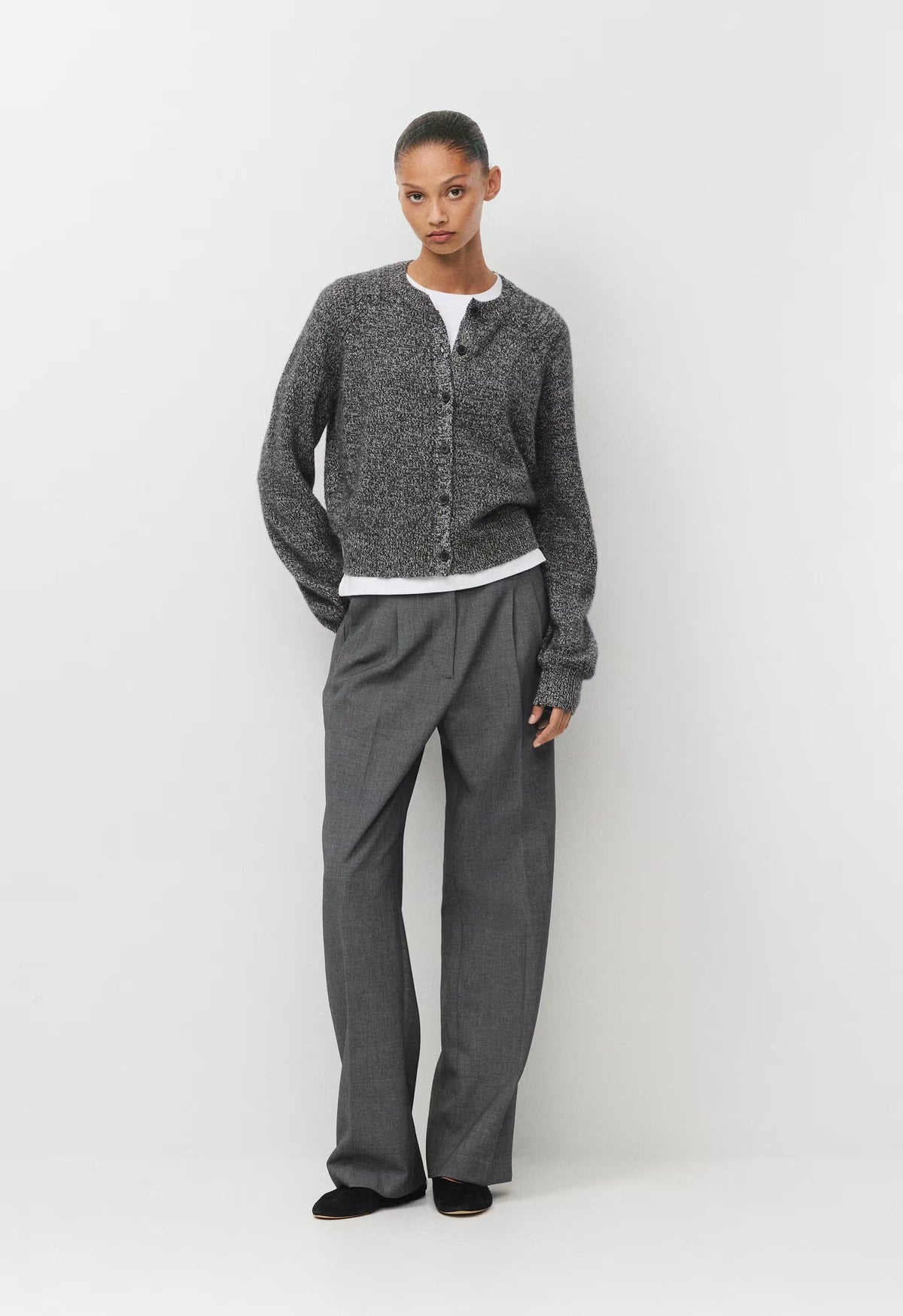 Essential Wool Cashmere London Cardigan - BLK/HTR LIGHT GREY