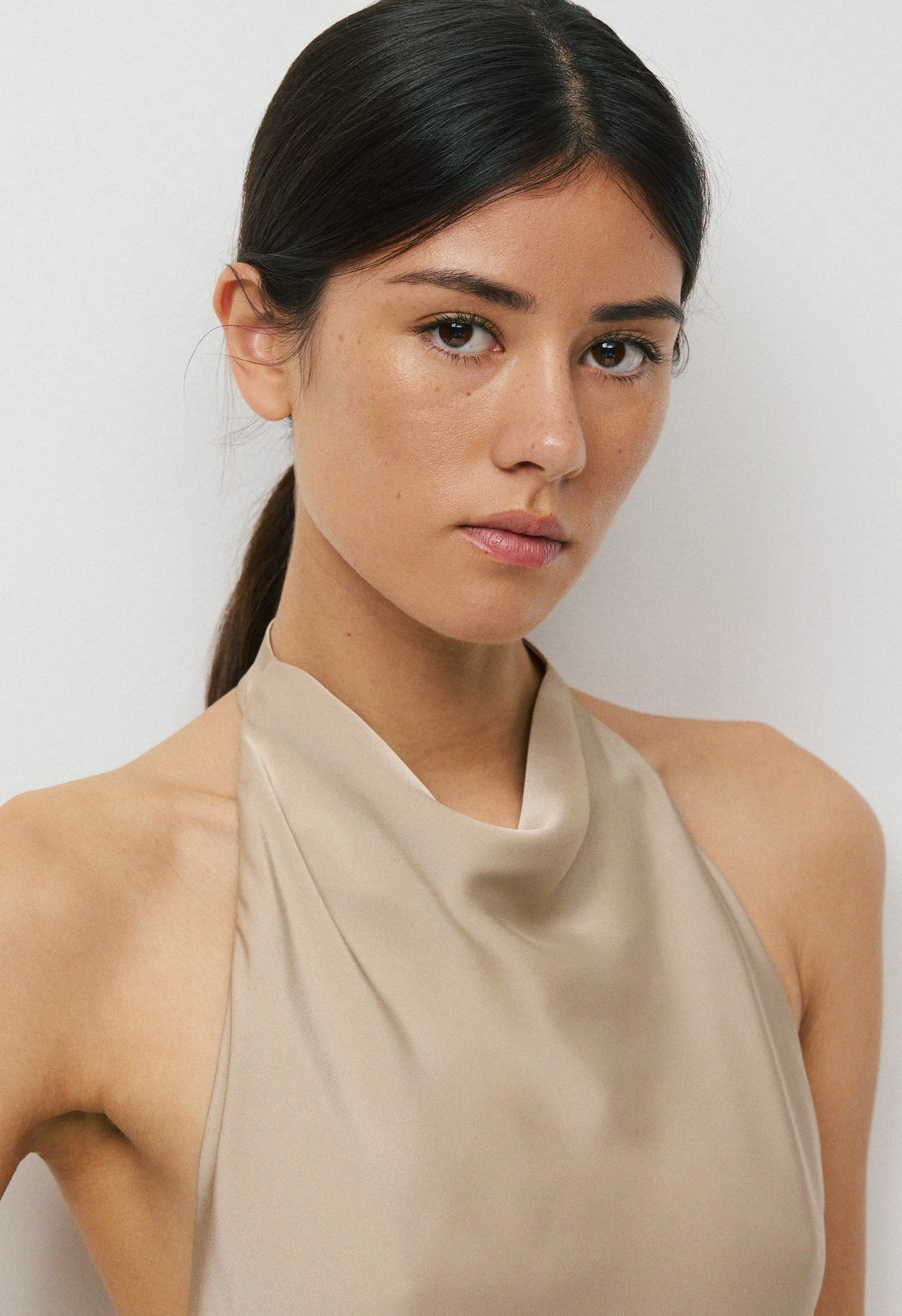 Audience Satin Maxi Halter Dress - MARCONA BEIGE
