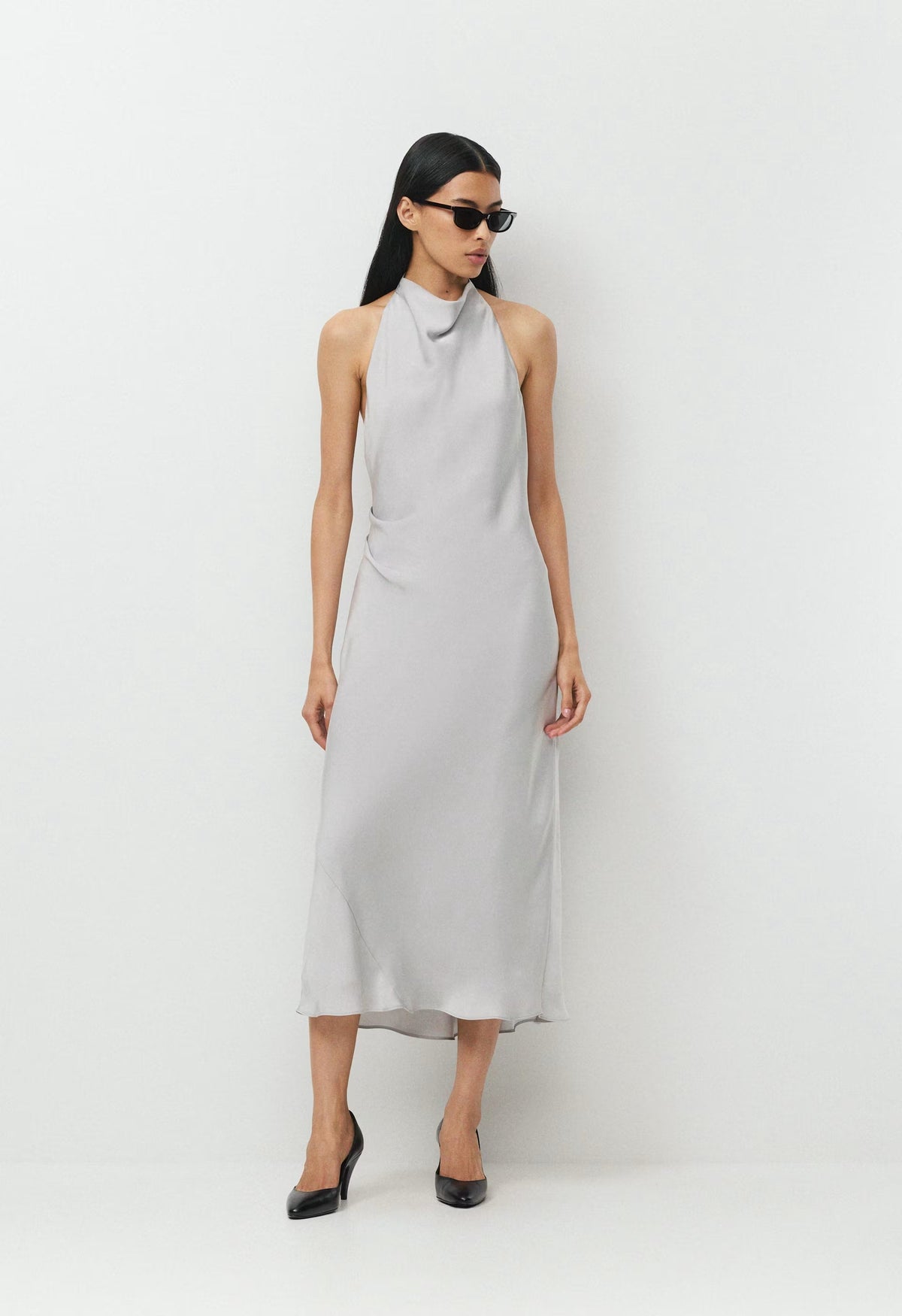 Audience Satin Maxi Halter Dress - MONUMENT GREY