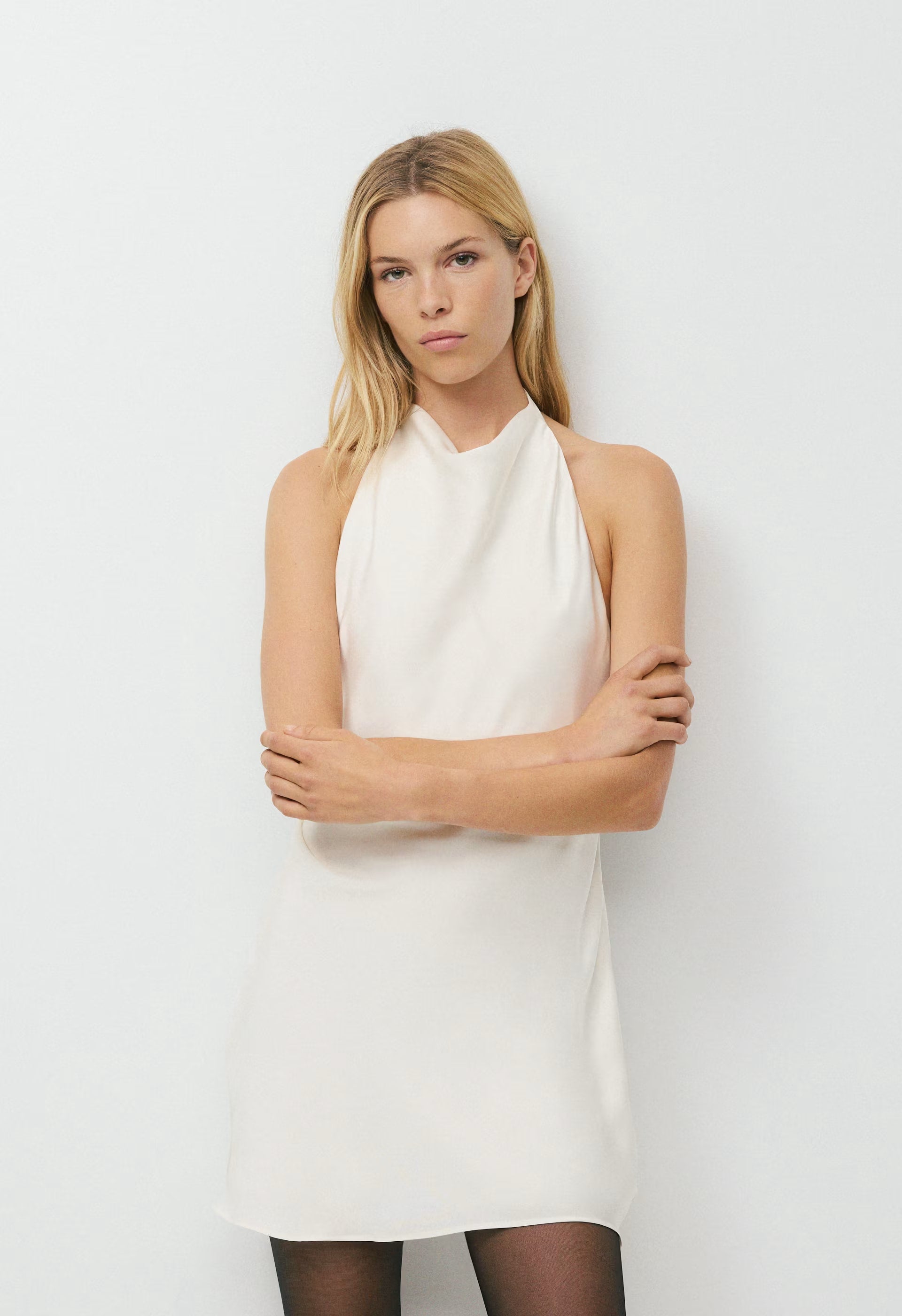 Audience Satin Mini Halter Dress - LIGHT BIRCH