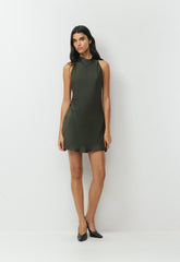 Audience Satin Mini Halter Dress - FLINT GREEN