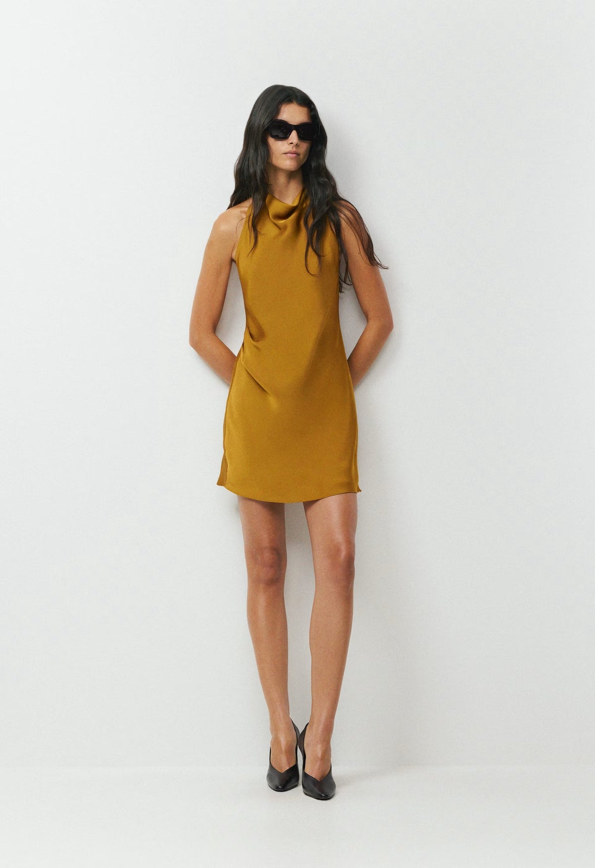 Audience Satin Mini Halter Dress - SHERRY OCHRE