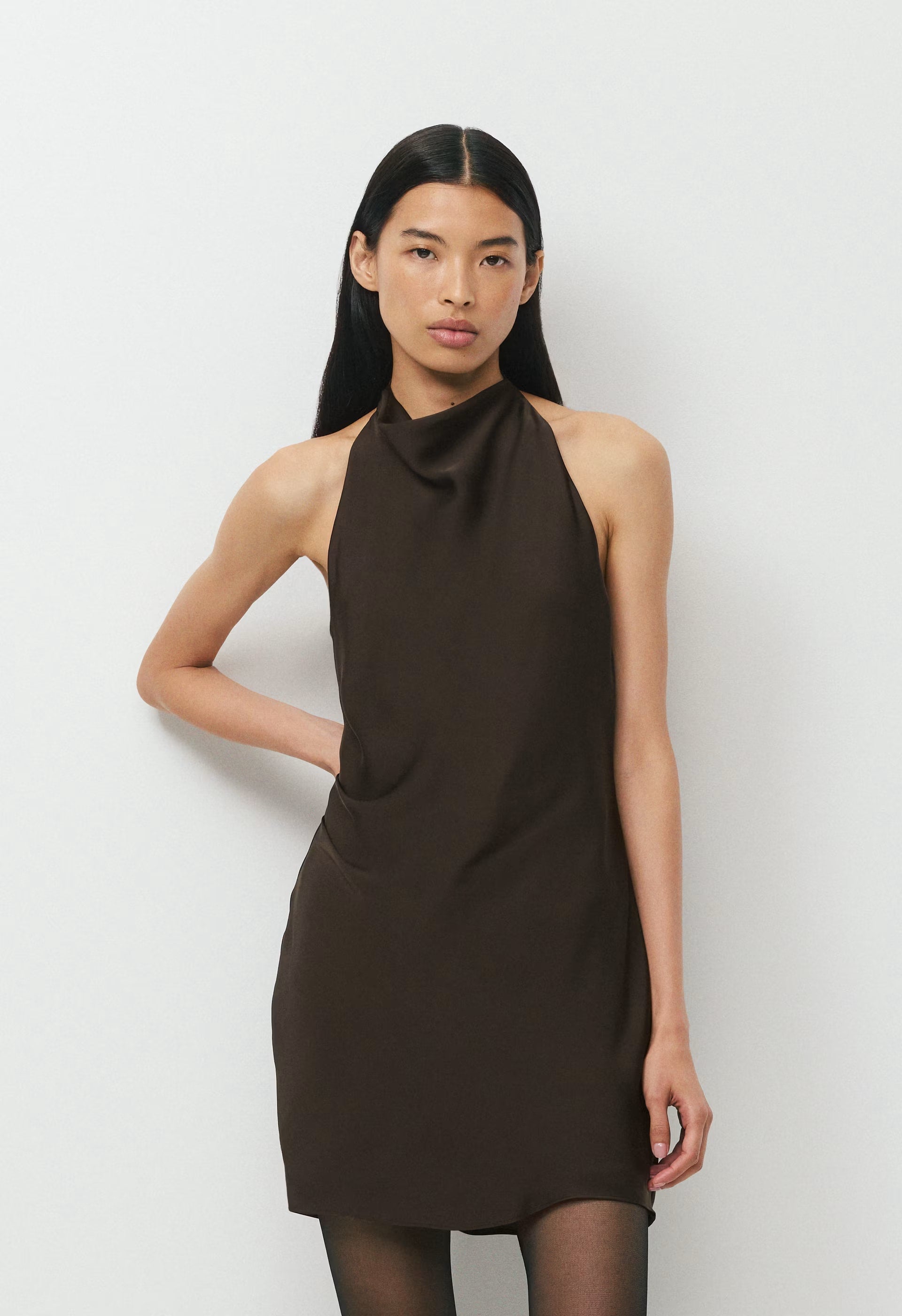 Audience Satin Mini Halter Dress - CACAO NIB BROWN