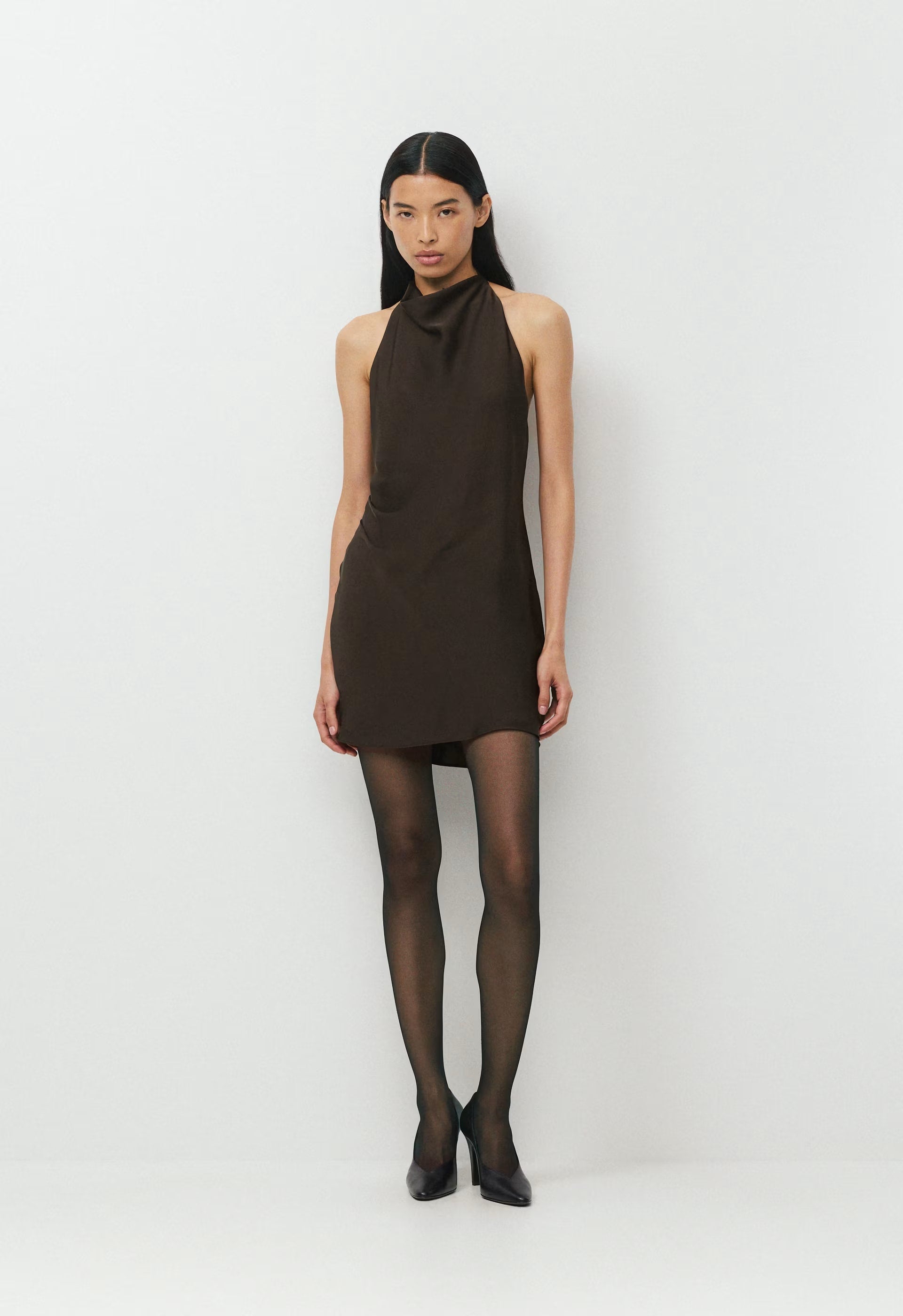 Audience Satin Mini Halter Dress - CACAO NIB BROWN