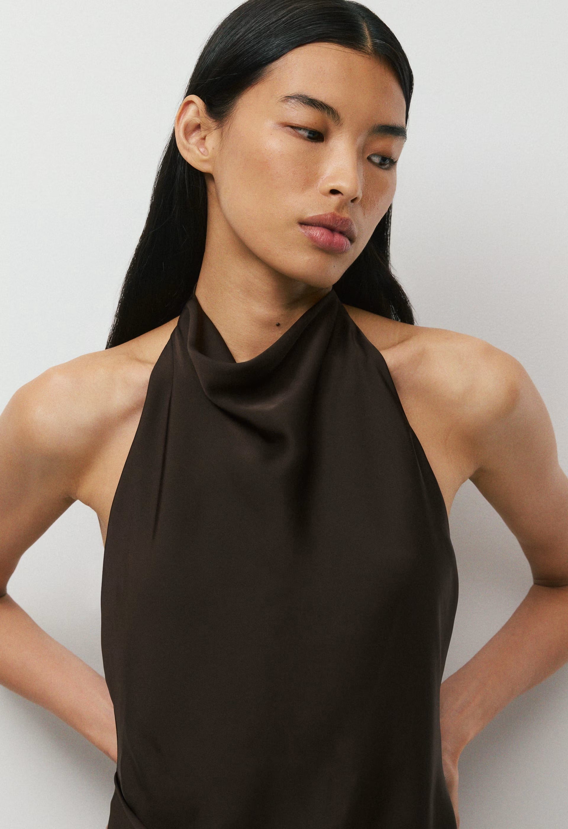 Audience Satin Mini Halter Dress - CACAO NIB BROWN