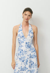 Nightscape Linen Halter Dress - WHITE/ FR BLUE