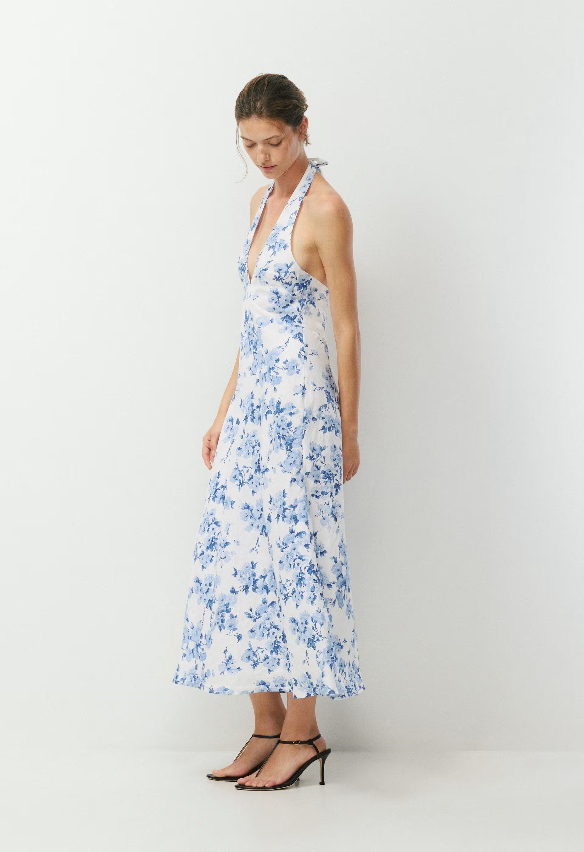 Nightscape Linen Halter Dress - WHITE/ FR BLUE