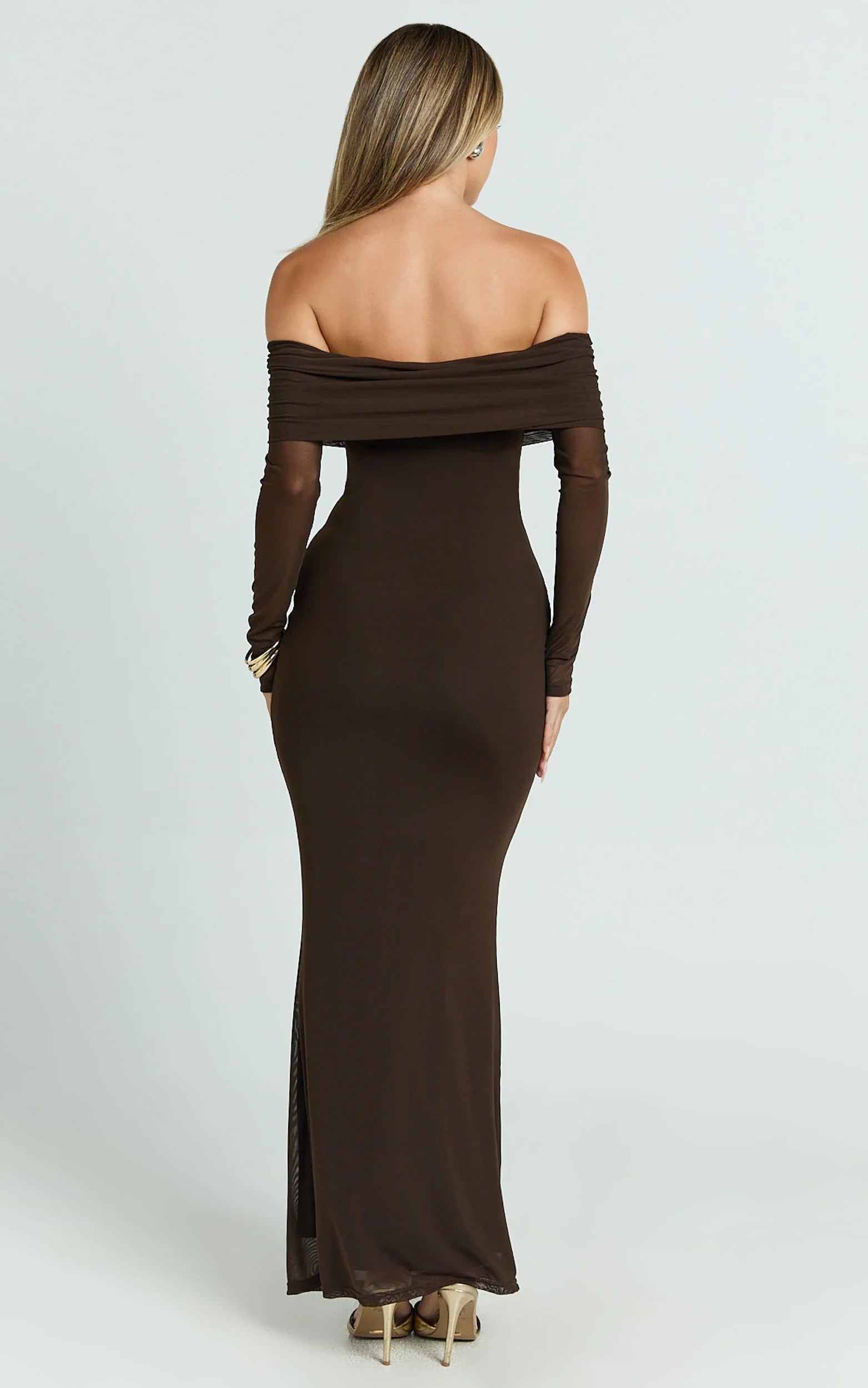 Bethanie Maxi Dress - Off The Shoulder Mesh Dress in Chocolate
