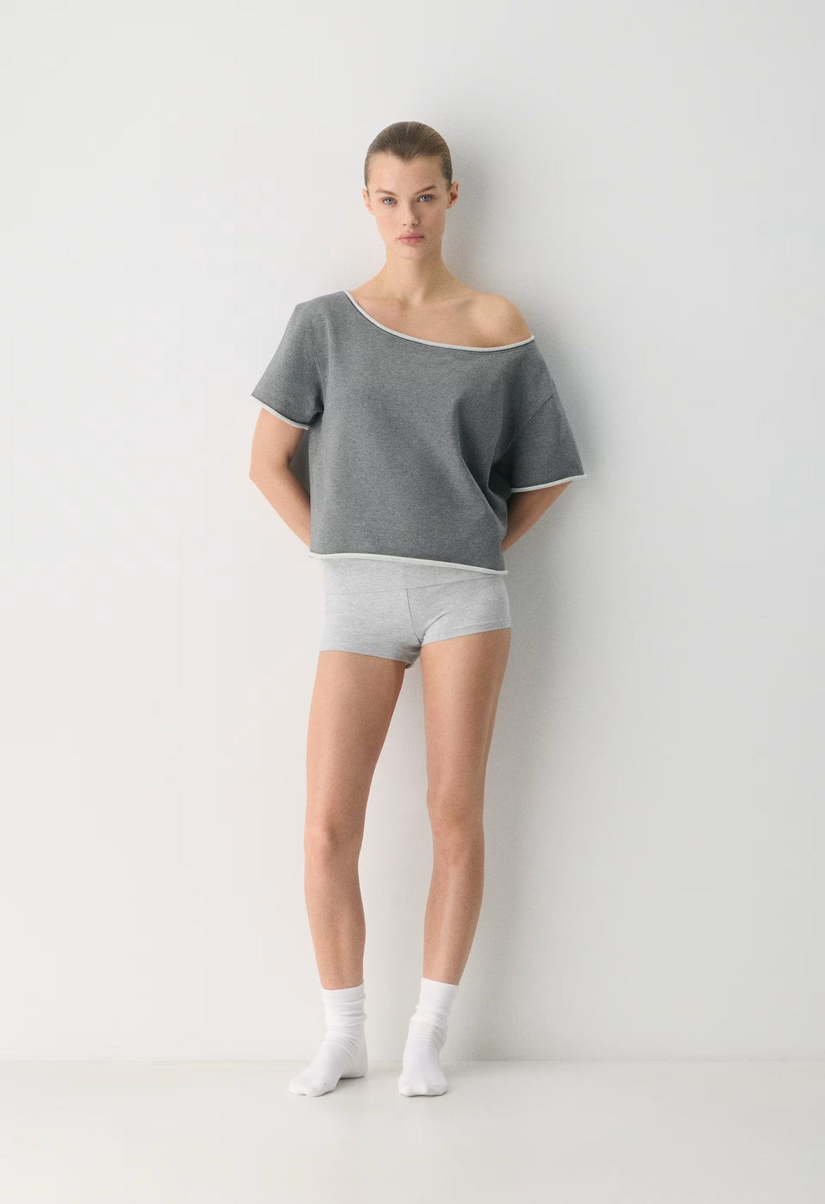 Terry Sweatfleece Perfect Off-Shoulder Shirt - HEATHER DARK GREY