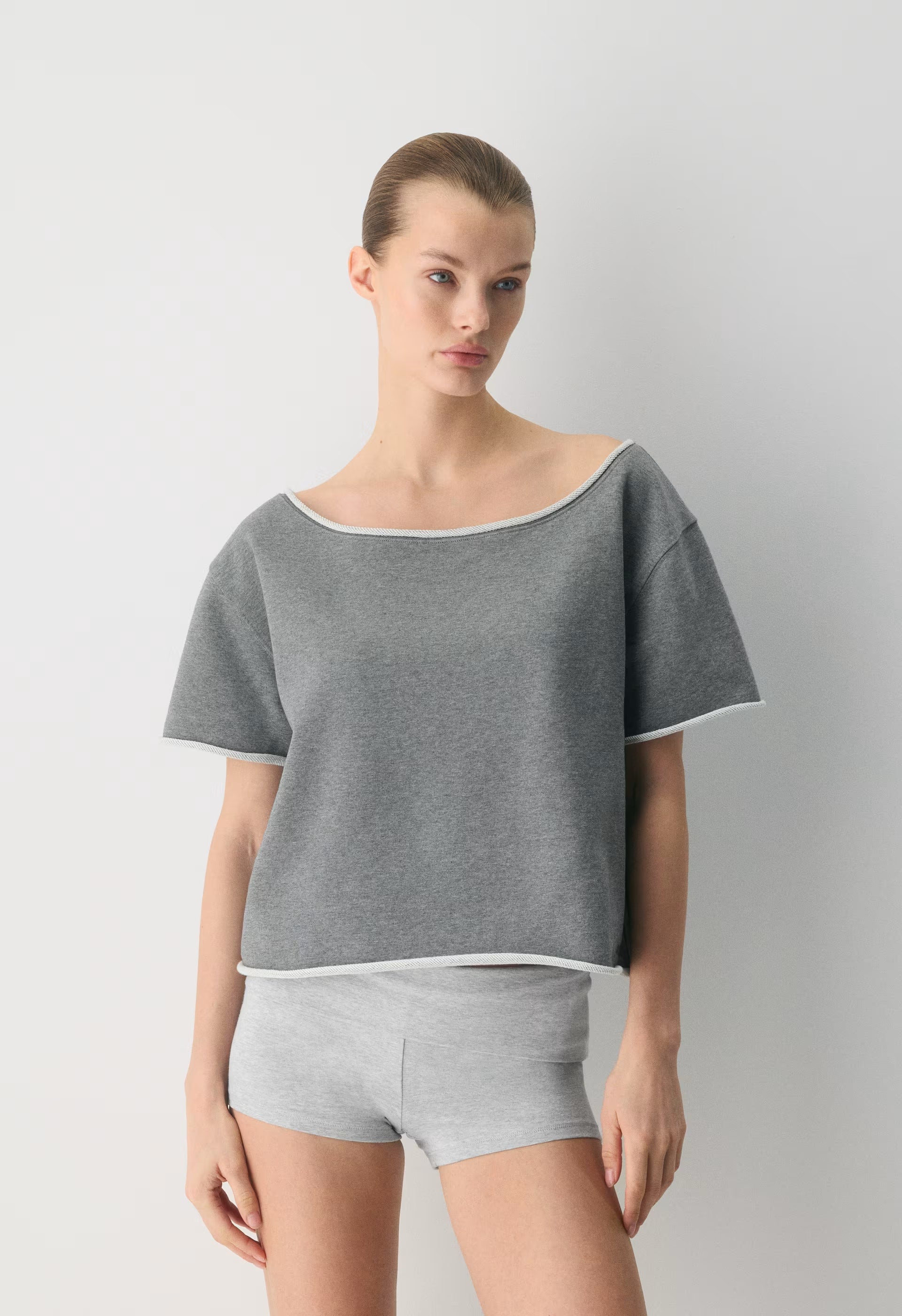 Terry Sweatfleece Perfect Off-Shoulder Shirt - HEATHER DARK GREY