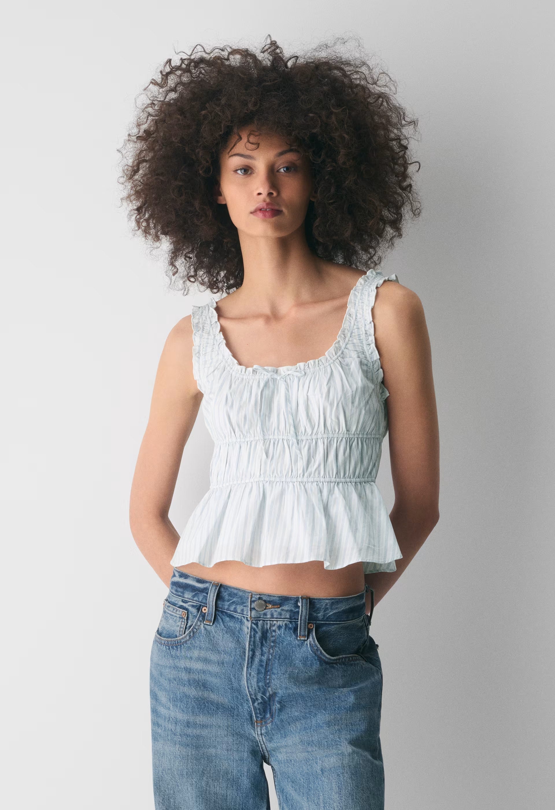 Helena Poplin Top - AZL STRP BR WT/VL BLU