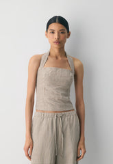 Whisper Linen Halter Top - SRPHN CHCK L BH/CL BR