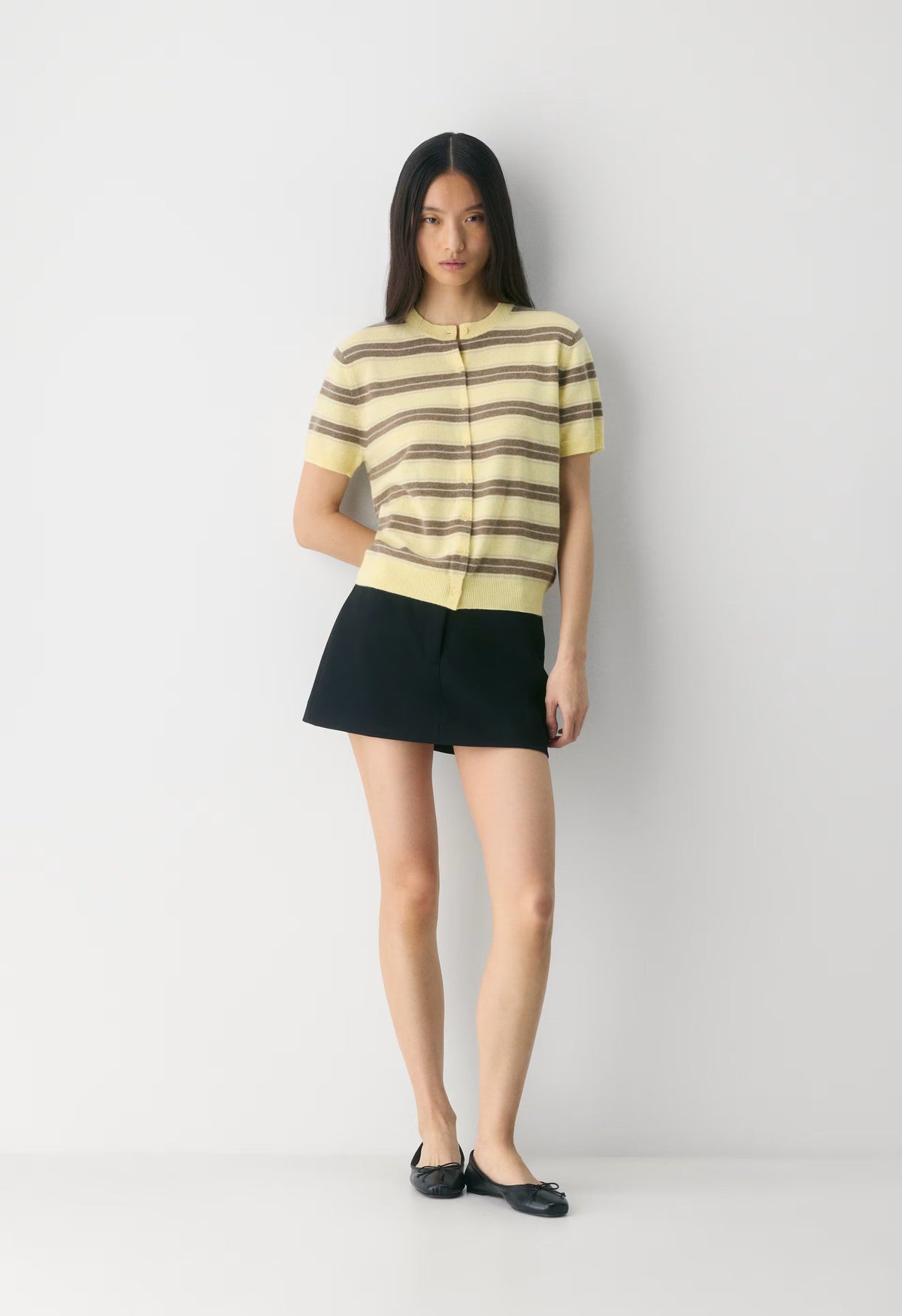 Bare Cashmere Noteworthy Shortsleeve Cardigan - LMND/HTHR FOL BWN