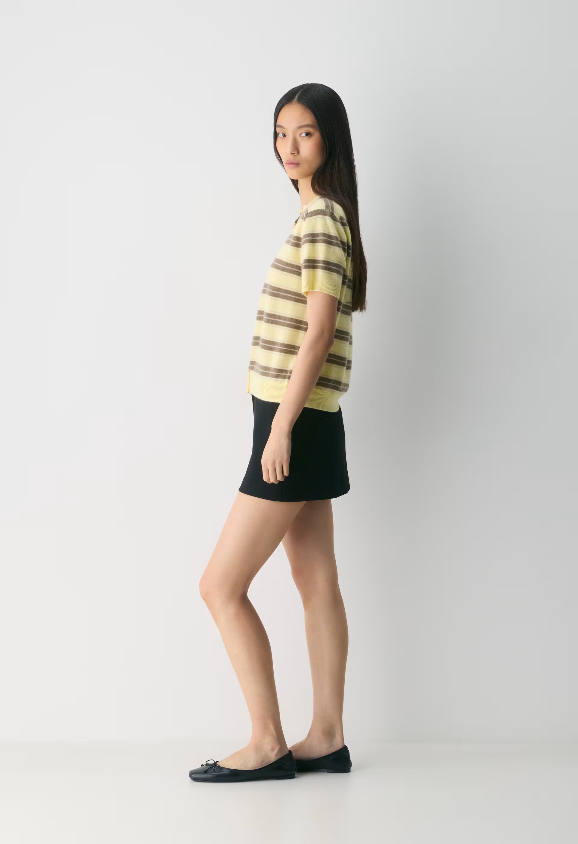 Bare Cashmere Noteworthy Shortsleeve Cardigan - LMND/HTHR FOL BWN