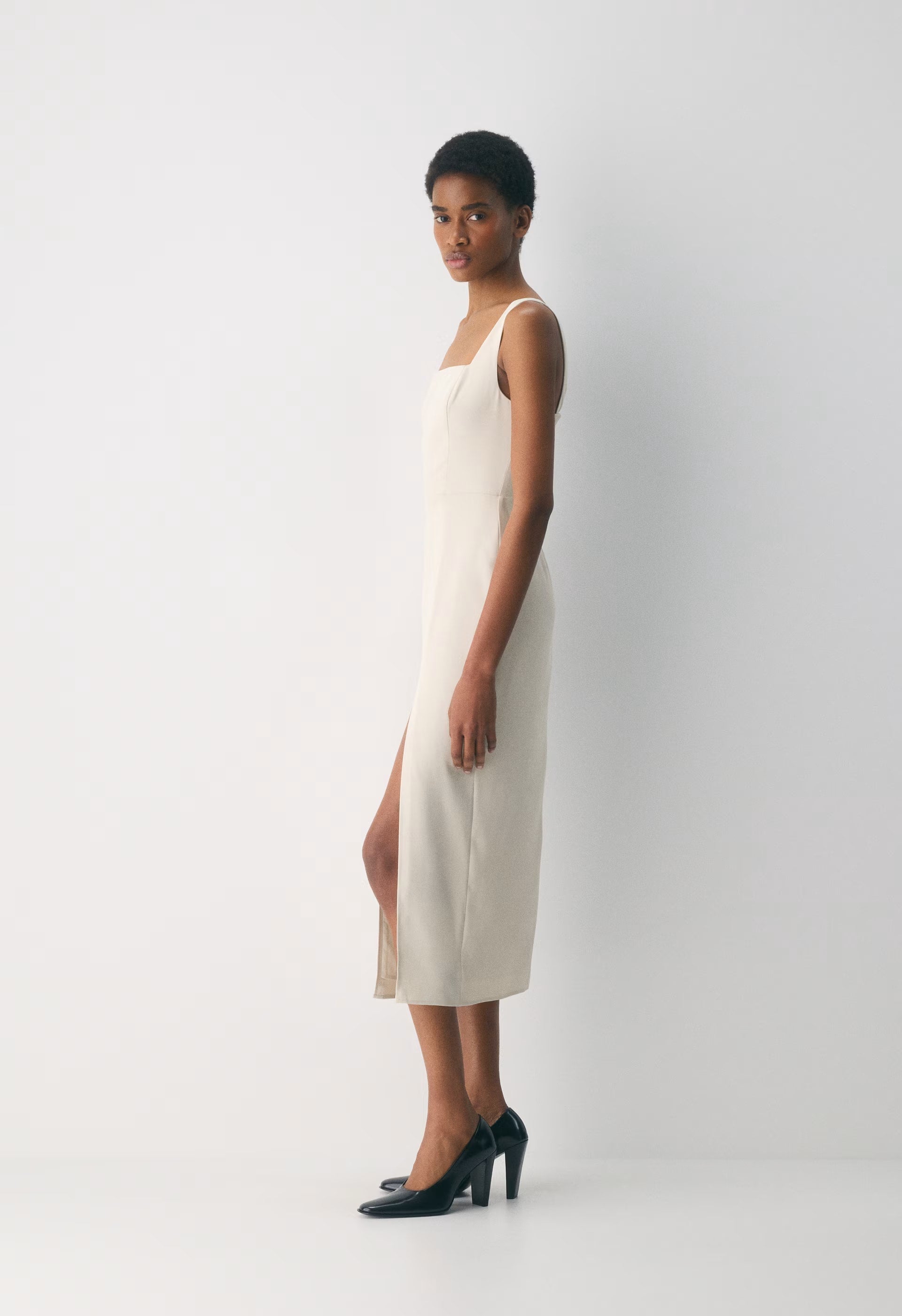 '90s Slit Satin Midi Dress - MATTE PEARL