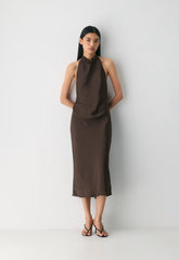 Audience Satin Maxi Halter Dress - RICH MOCHA BROWN
