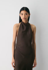 Audience Satin Maxi Halter Dress - RICH MOCHA BROWN