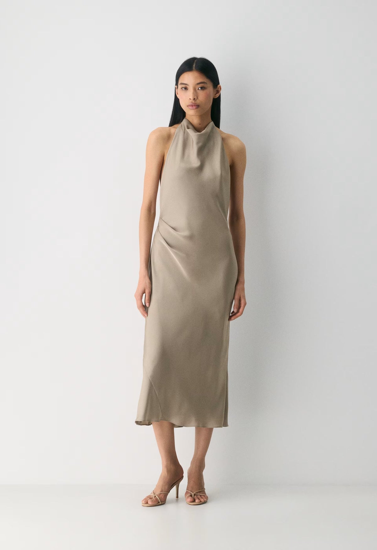Audience Satin Maxi Halter Dress - NOMAD TAUPE