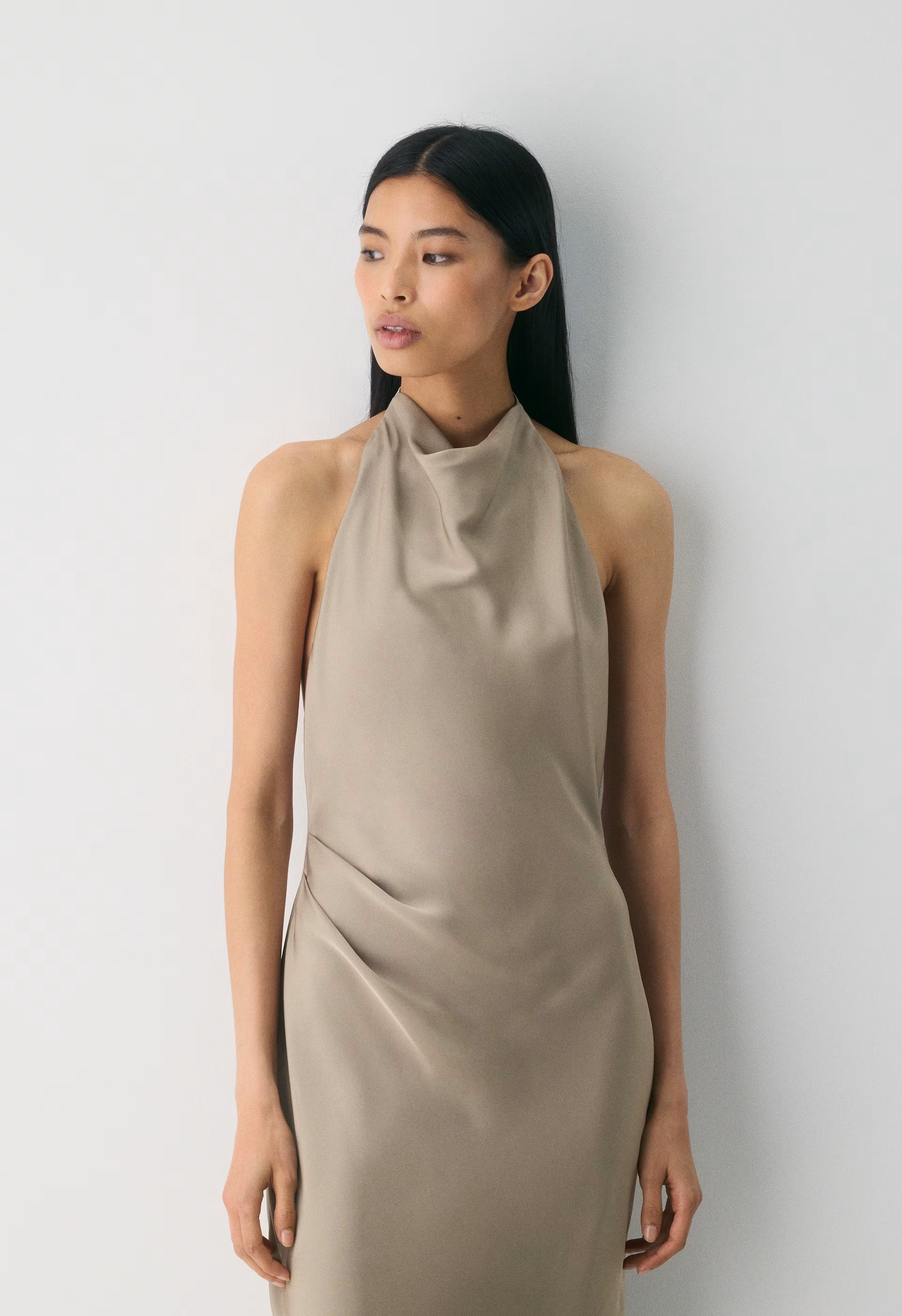 Audience Satin Maxi Halter Dress - NOMAD TAUPE