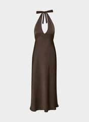 Nightscape Satin Halter Dress - RICH MOCHA BROWN