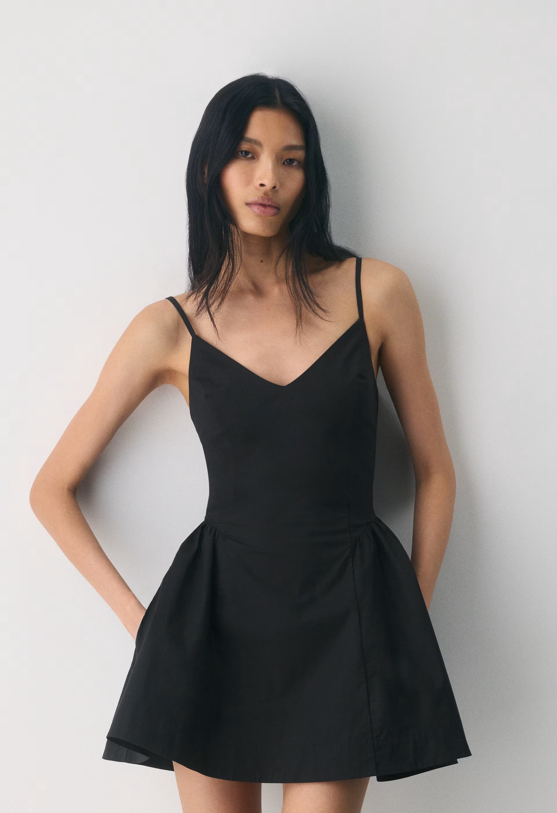 Technique Poplin Mini Cami Dress - BLACK