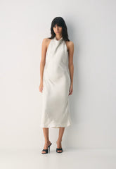 Audience Satin Maxi Halter Dress - MATTE PEARL