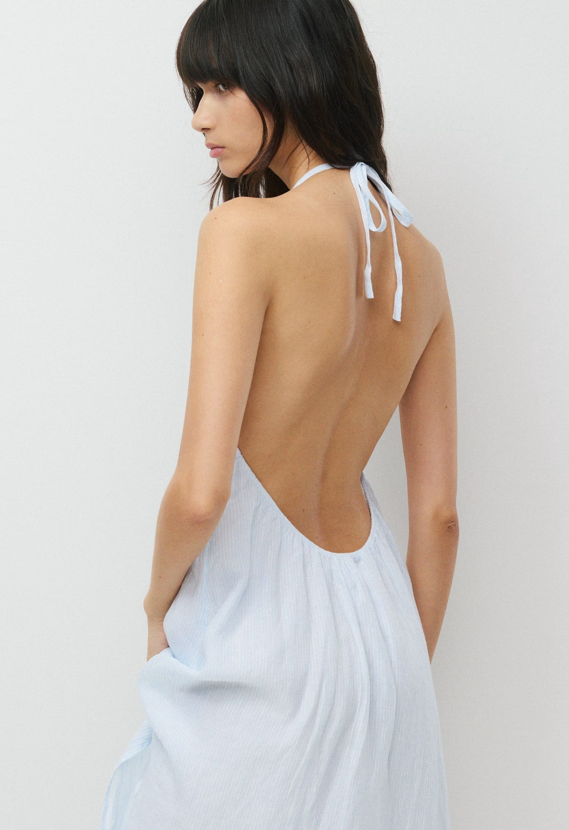 Sunpost Linen Halter Dress - WLN STP WHT/CRNFLR BL