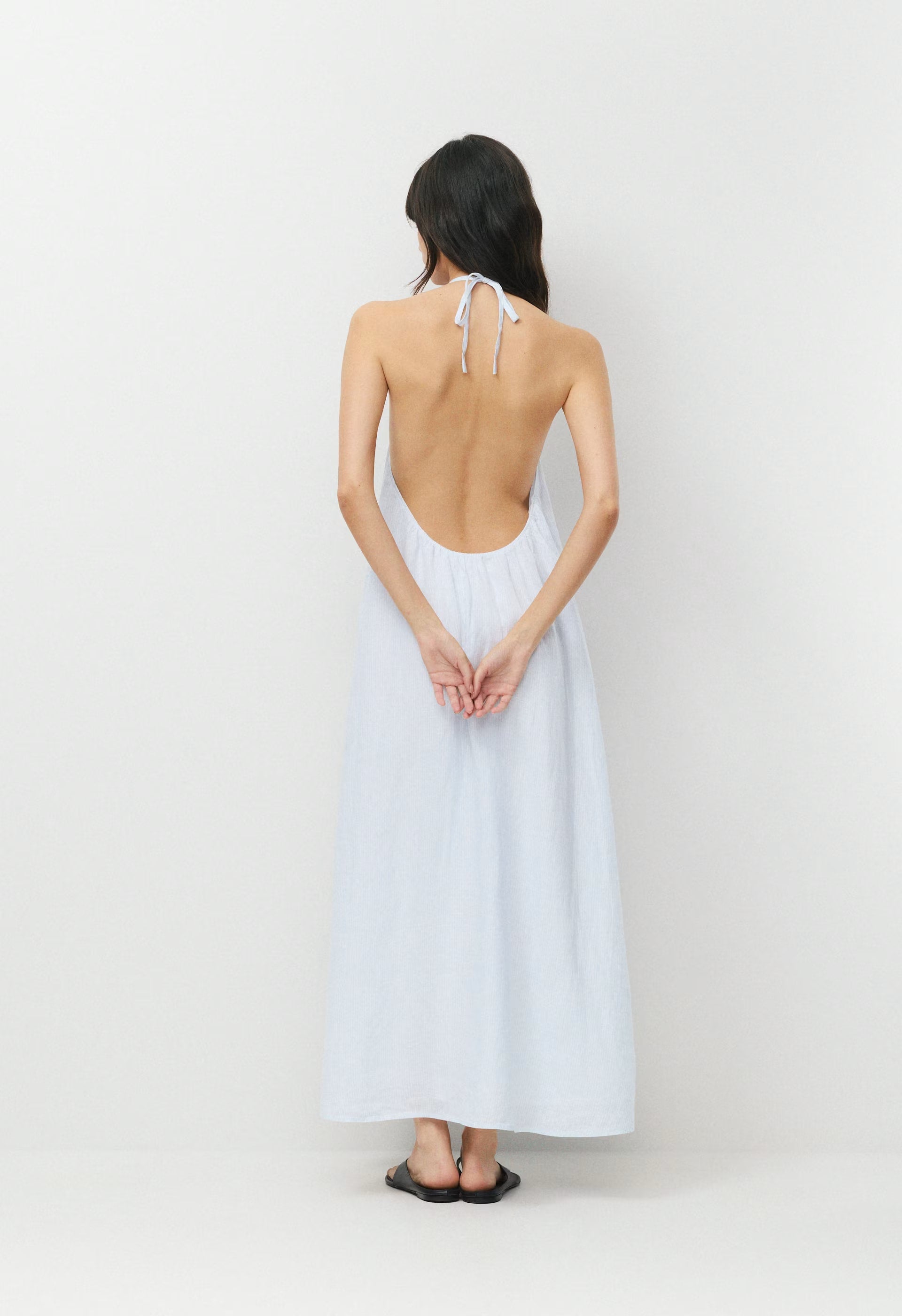 Sunpost Linen Halter Dress - WLN STP WHT/CRNFLR BL