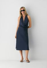 Sprig Satin Halter Dress - ADMIRAL