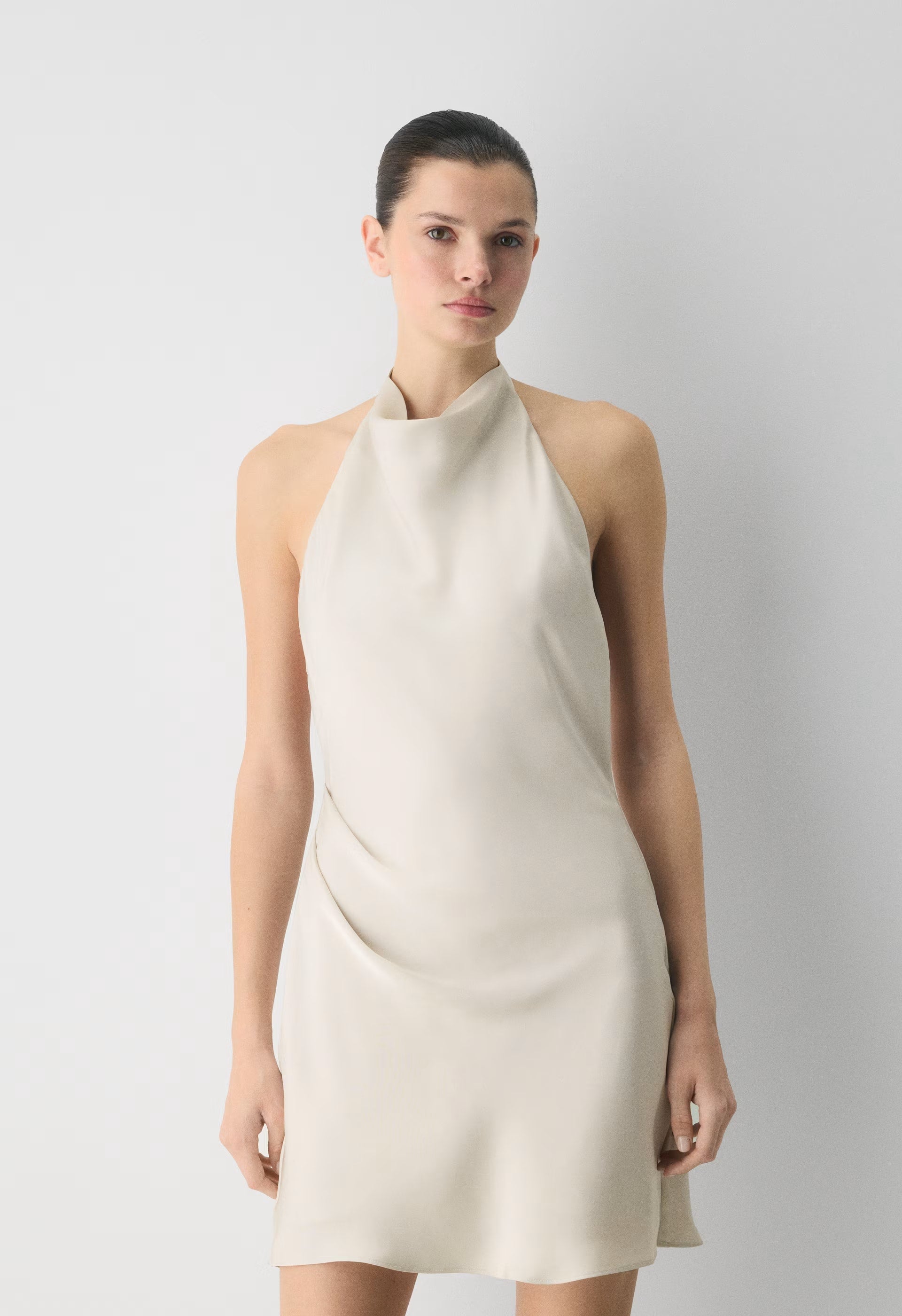 Audience Satin Mini Halter Dress - MATTE PEARL