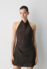 Audience Satin Mini Halter Dress - RICH MOCHA BROWN