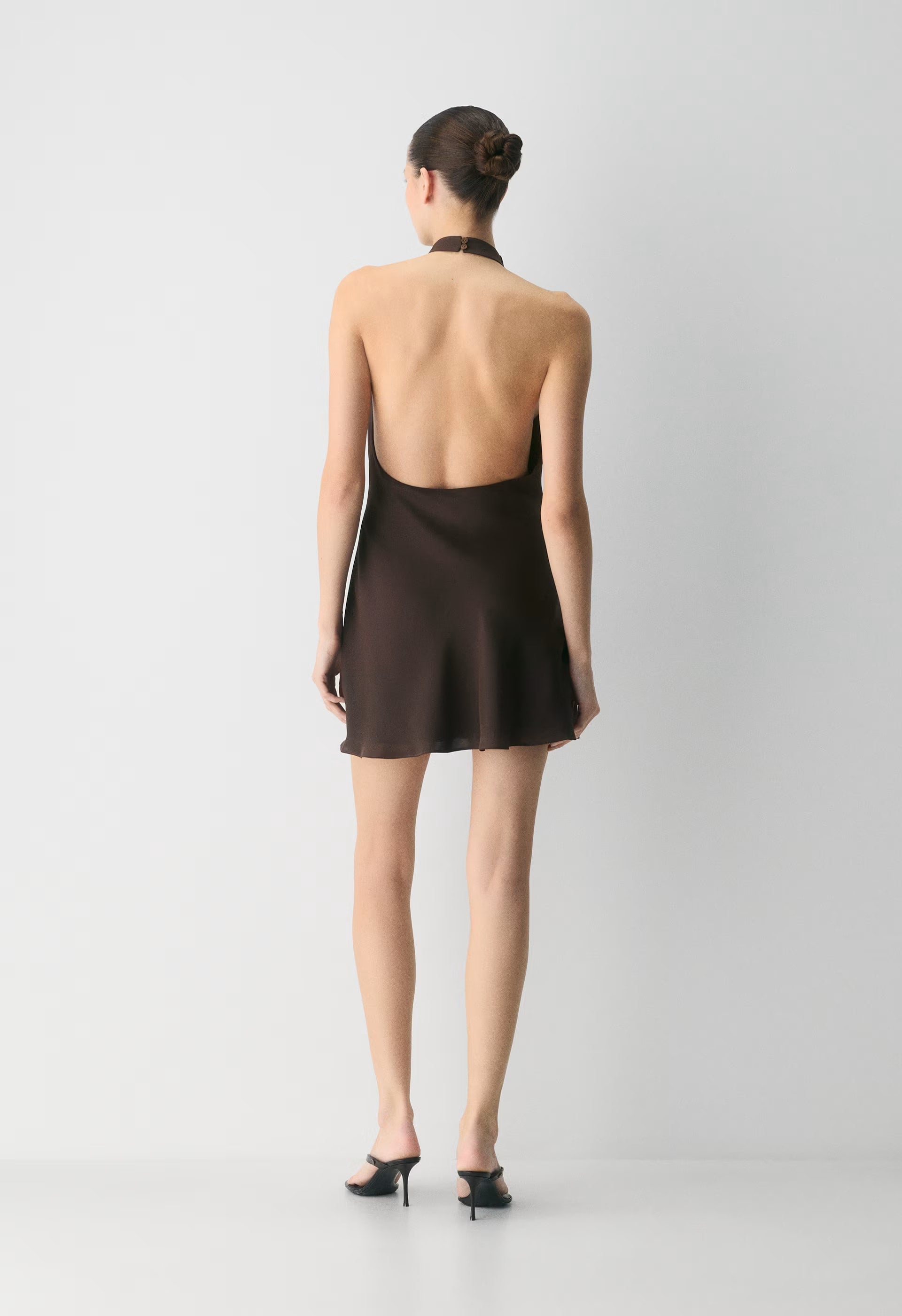Audience Satin Mini Halter Dress - RICH MOCHA BROWN