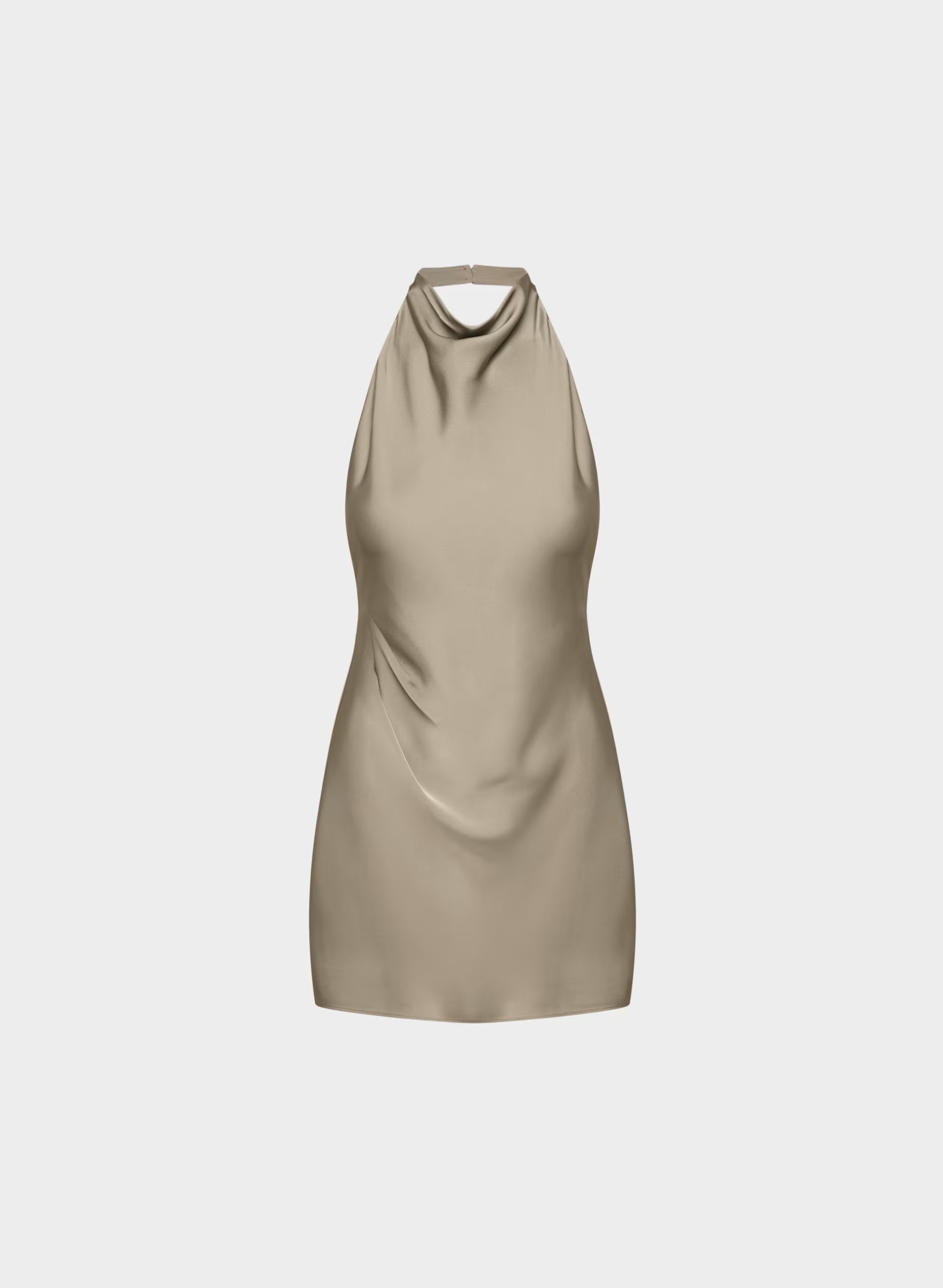 Audience Satin Mini Halter Dress - NOMAD TAUPE
