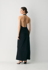 Audience Satin Full Halter Dress - BLACK