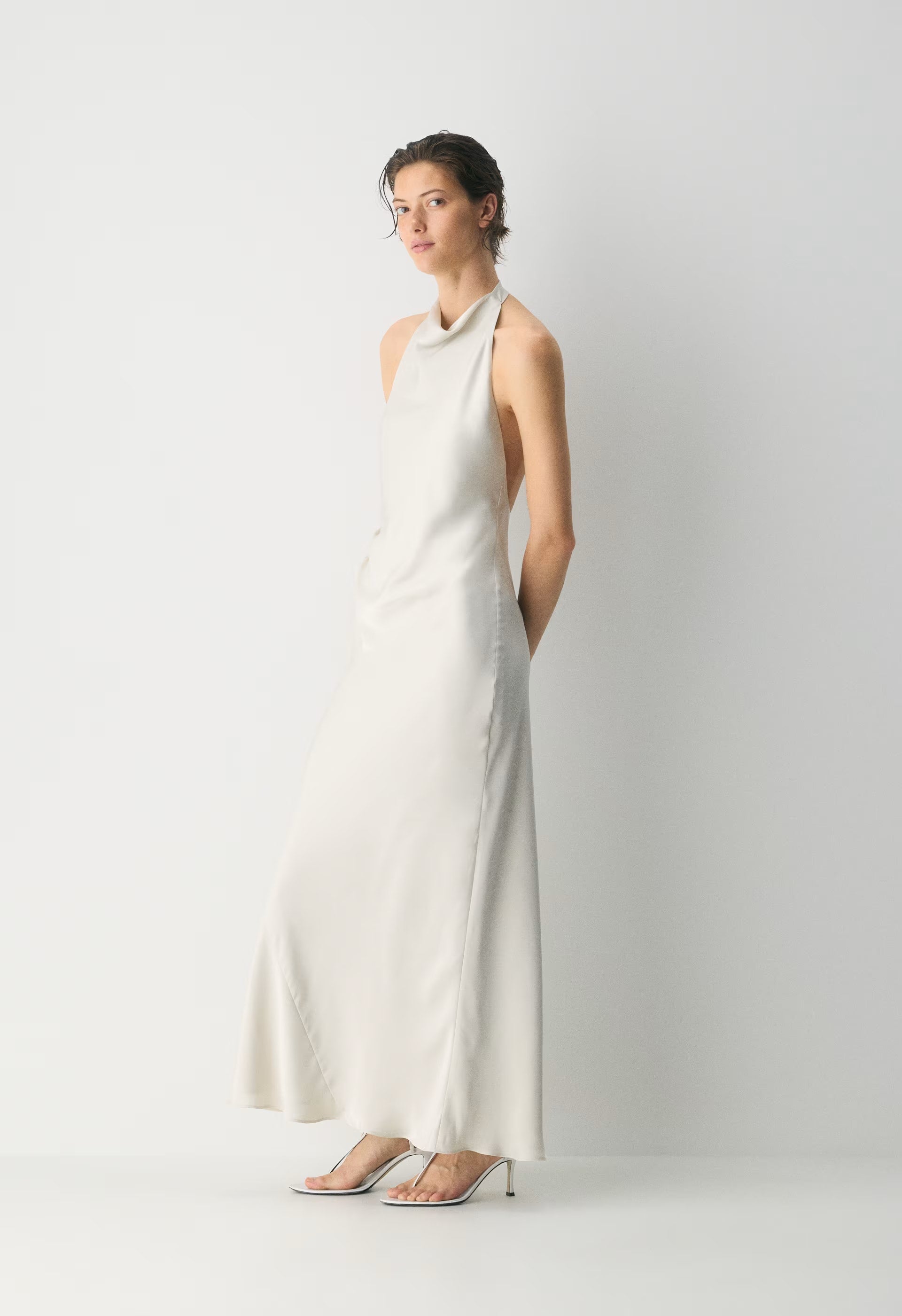 Audience Satin Full Halter Dress - MATTE PEARL