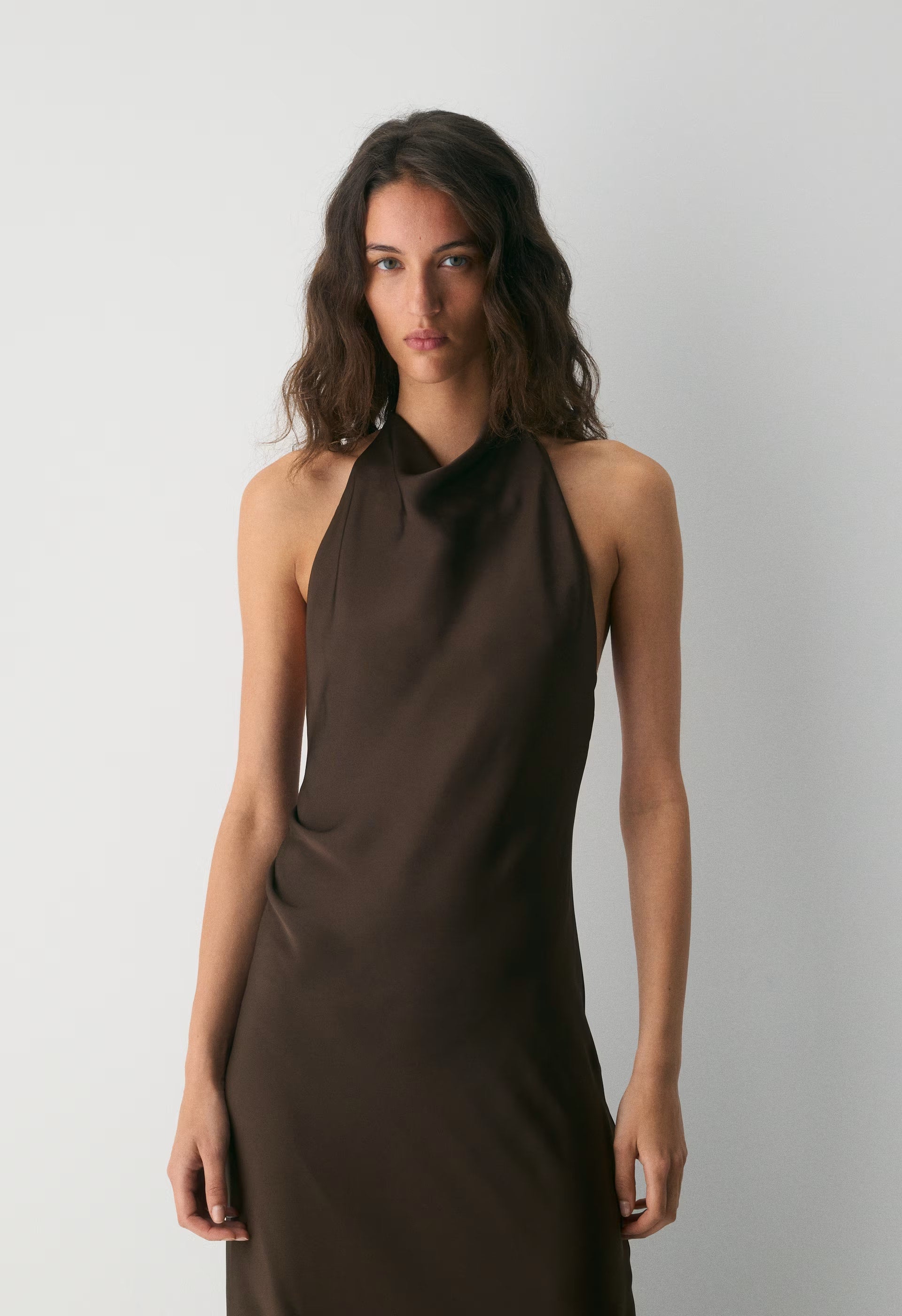 Audience Satin Full Halter Dress - RICH MOCHA BROWN