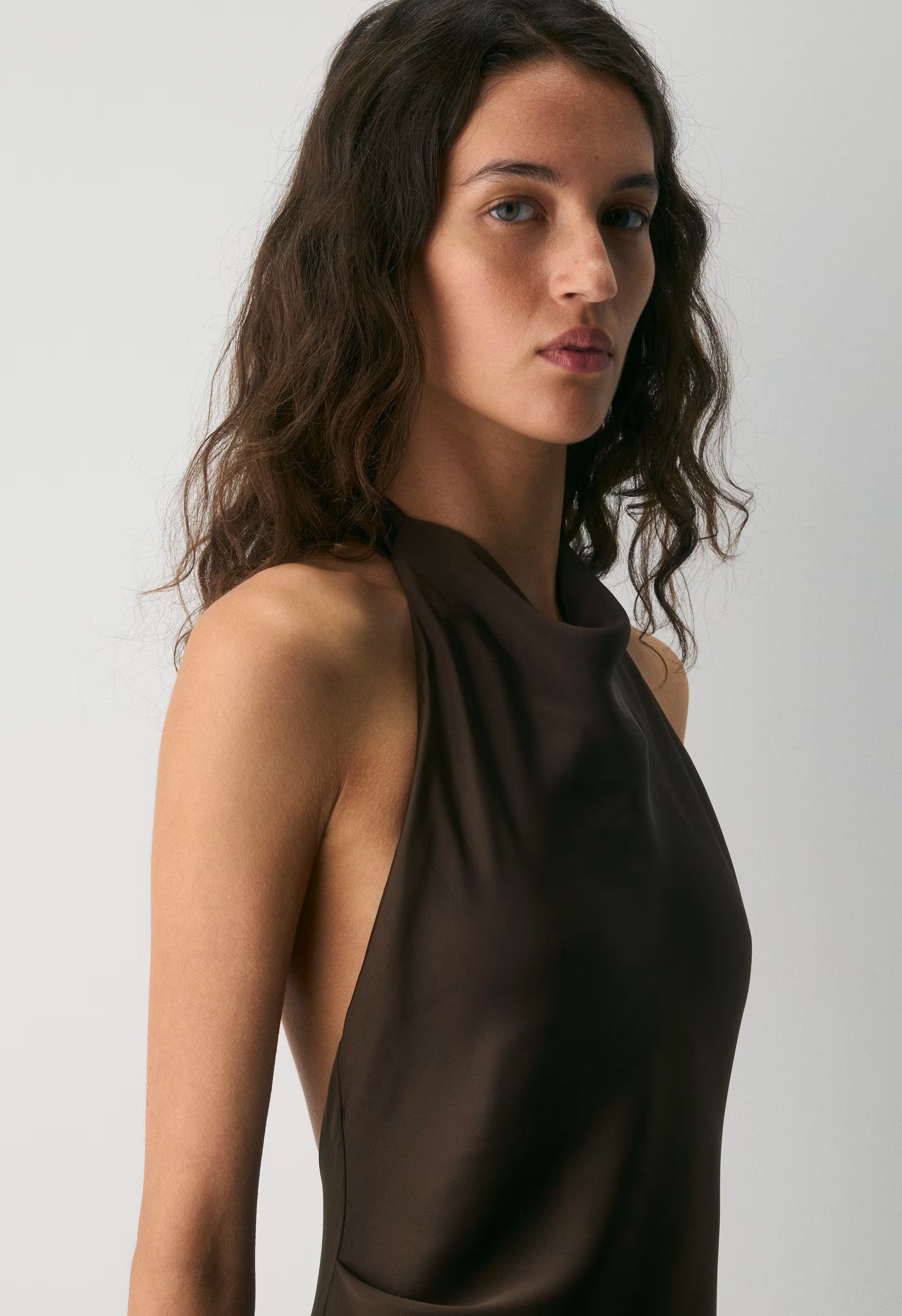 Audience Satin Full Halter Dress - RICH MOCHA BROWN