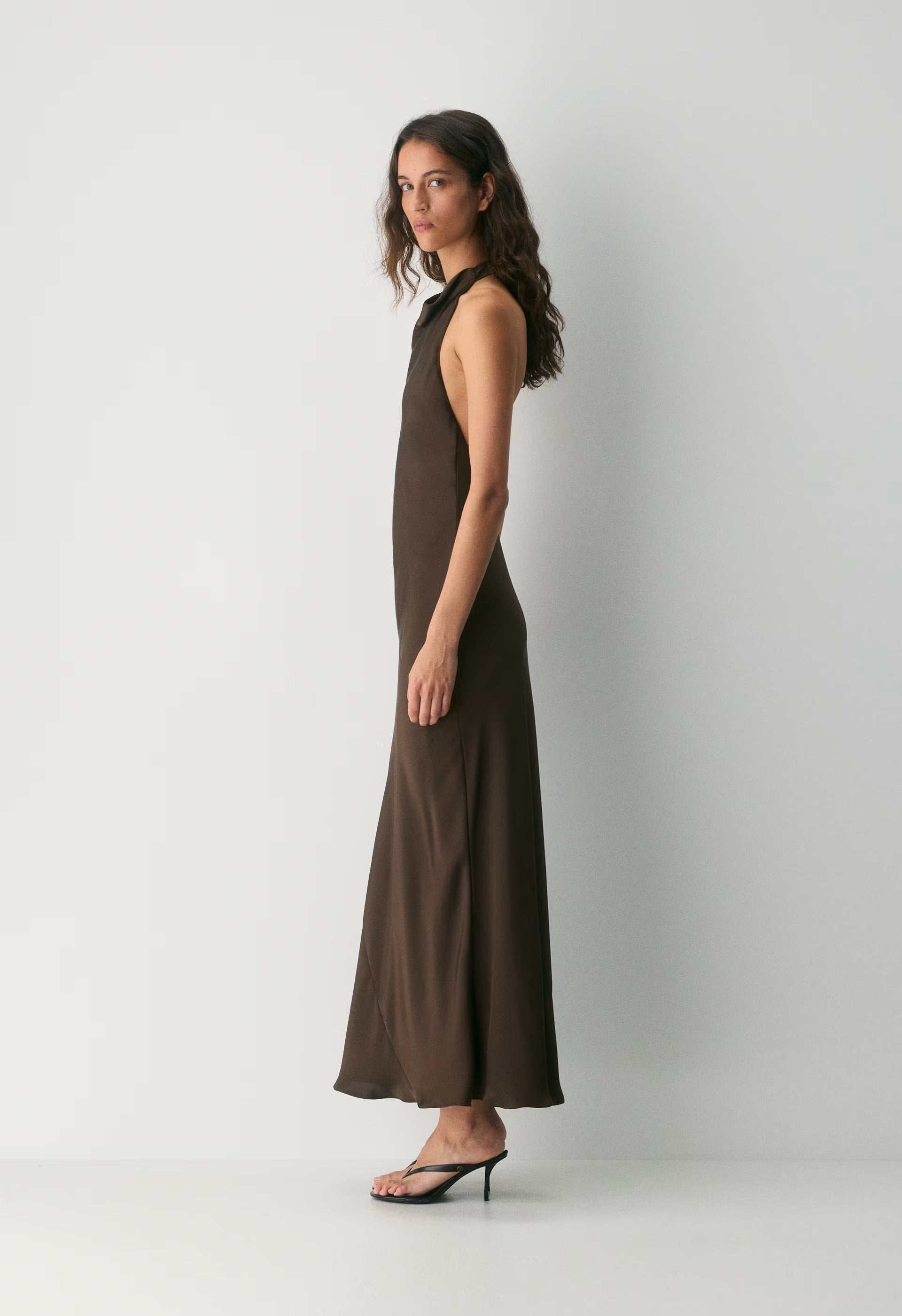 Audience Satin Full Halter Dress - RICH MOCHA BROWN