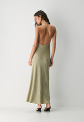 Audience Satin Full Halter Dress - MARTINI OLIVE