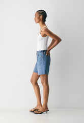 Denim Forum The ‘90s Vintage Hi Mid-Thigh Denim Short - 5 YRS KISS N TELL BLEU