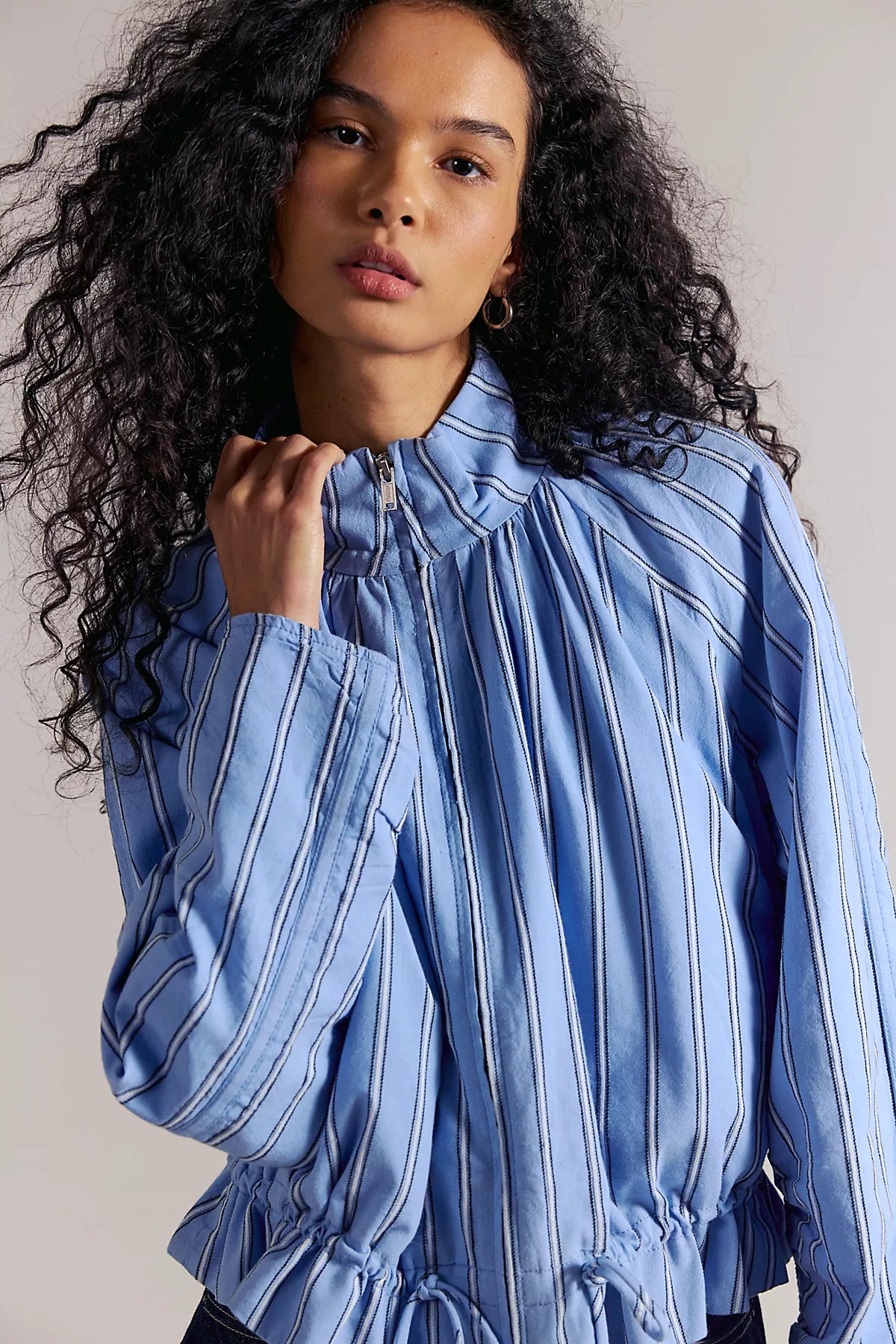Devon Striped Balloon Funnel-Neck Jacket