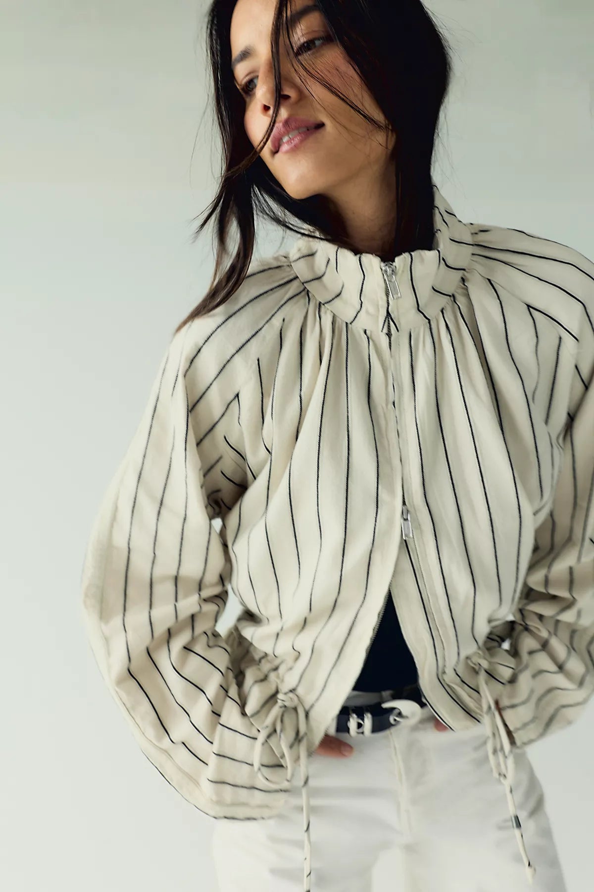 Devon Striped Balloon Funnel-Neck Jacket