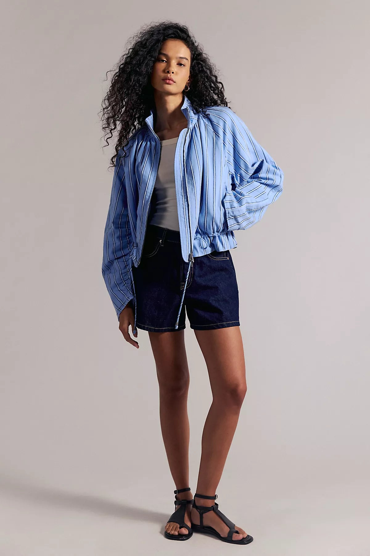 Devon Striped Balloon Funnel-Neck Jacket