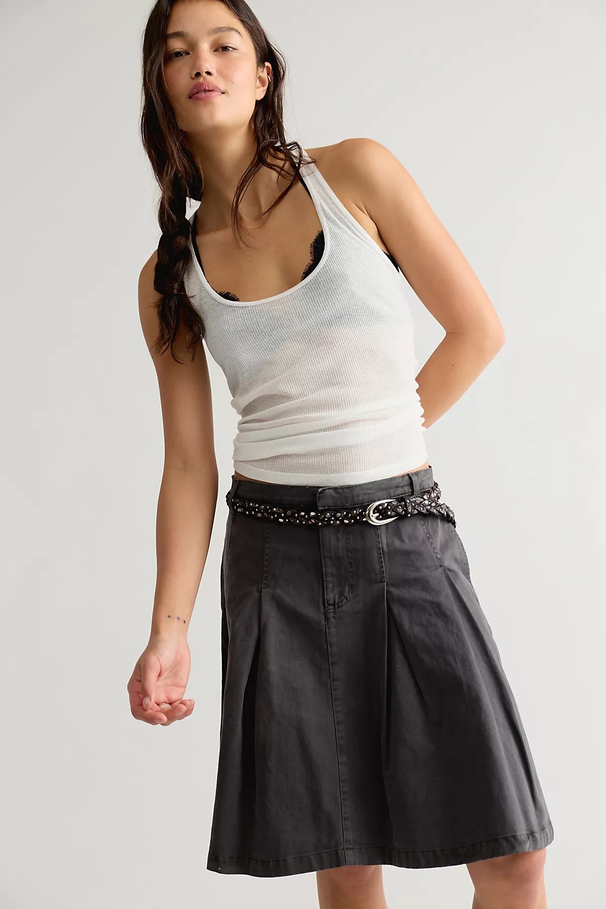 Chino Pleated Midi Skirt