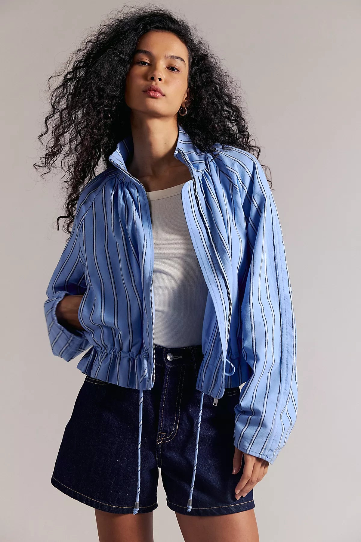 Devon Striped Balloon Funnel-Neck Jacket