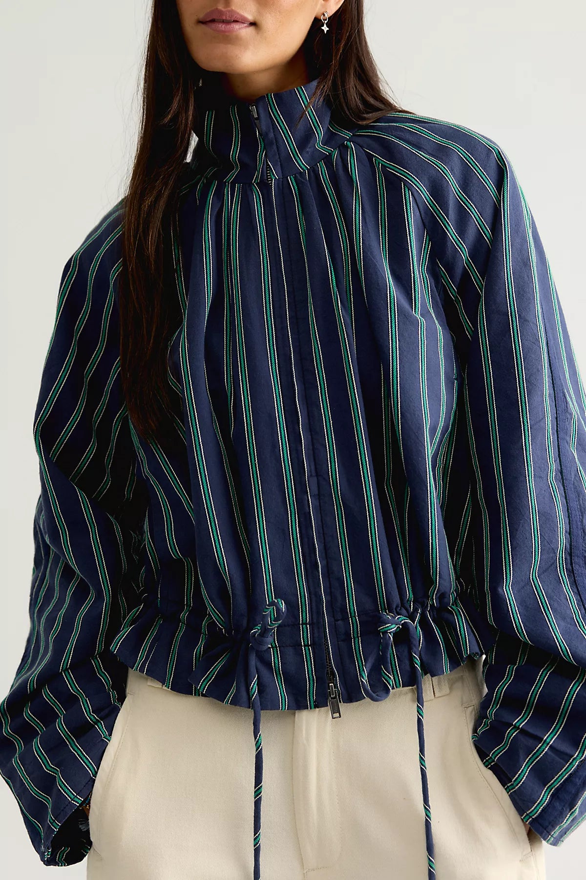Devon Striped Balloon Funnel-Neck Jacket
