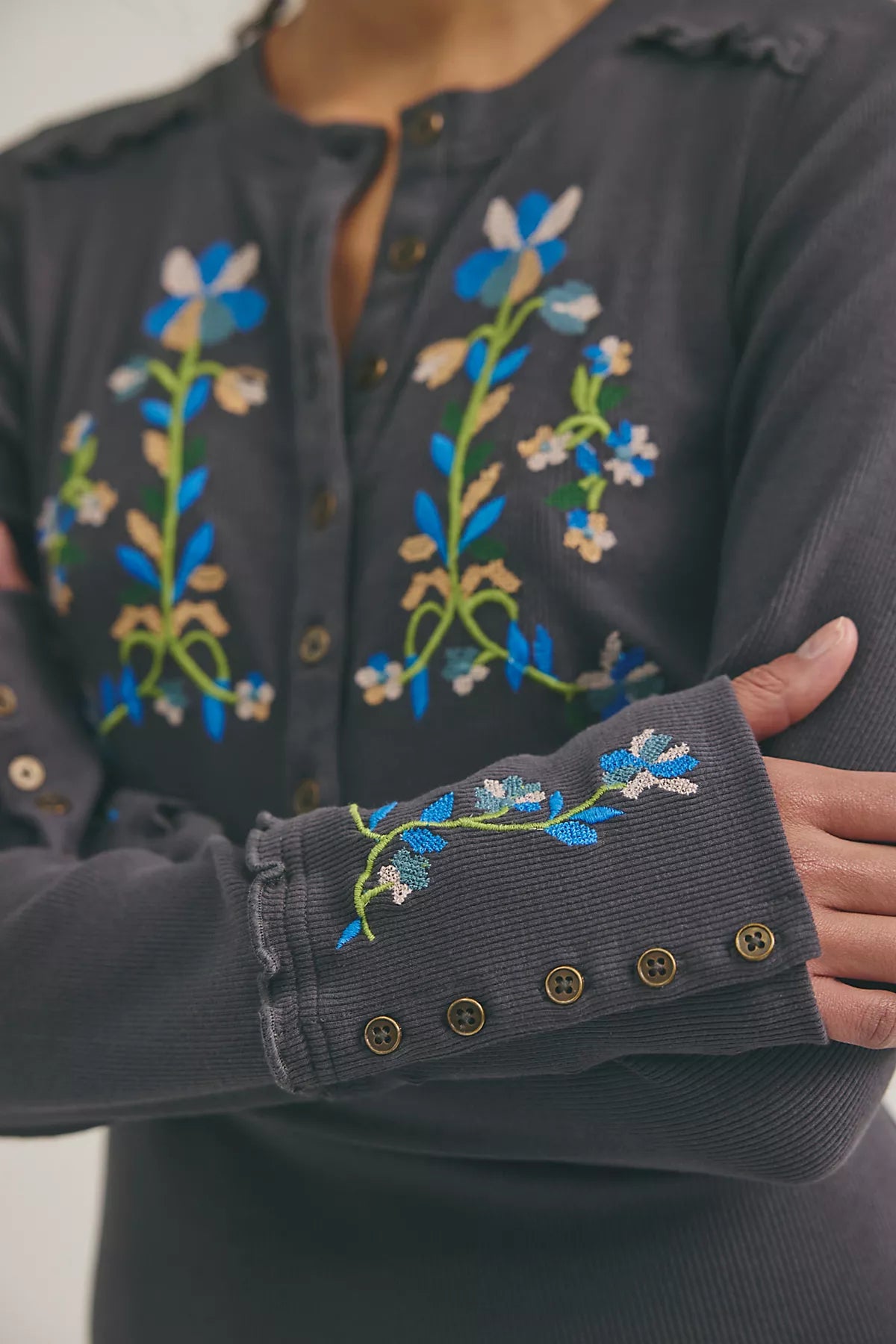 Fleur Embroidered Cuff Henley